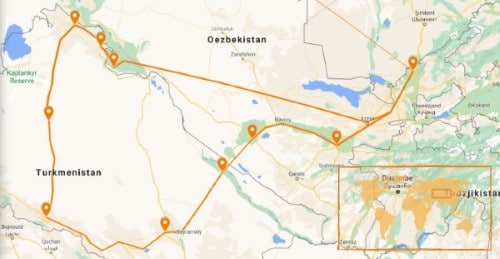 Rondreizen-Oezbekistan-en-Turkmenistan-Google-Maps